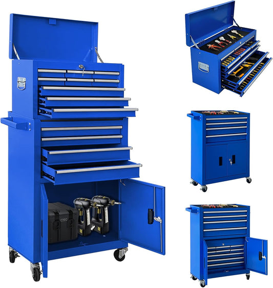 13-Drawer Double Door Rolling Tool Chest, 2 in 1 Detachable Tool Chest,Tool Box with Drawers and Wheels, Large Tool Cabinet with Lock, Metal Standing Toolbox for Garage Workshop-Blue