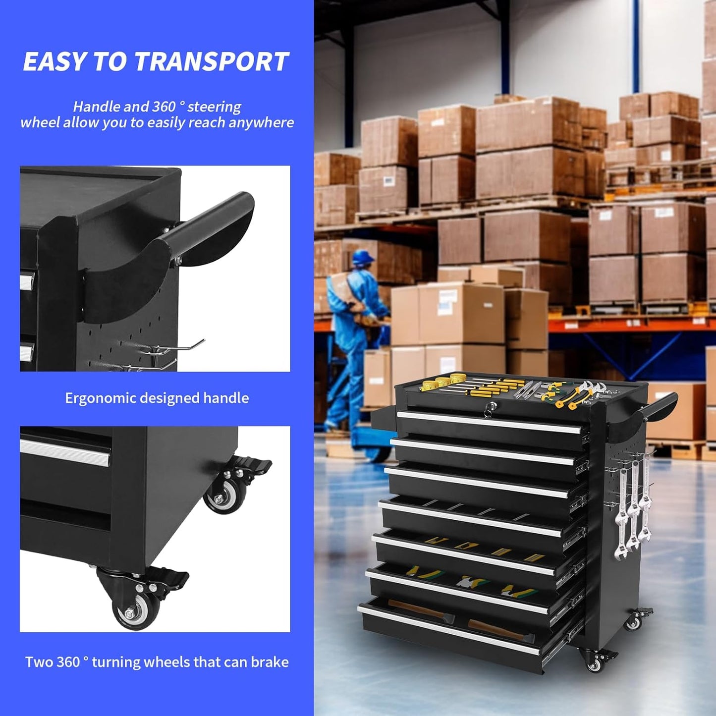 Rolling Tool Chest 7 Drawers, Metal Tool Box with Wheels Lockable Garage Storage Cabinets Sliding Tool Drawer Cart Toolbox Organization Workbench for Workshop Warehouse Repair Shop