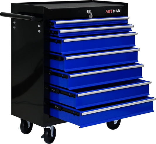 7-Drawer Metal Rolling Tool Chest with Wheels,Tool Storage Cabinet with Locking System,Multifunctional Tool Cart with Wheels for Garage, Warehouse, Workshop, Repair Shop (Black+Blue)