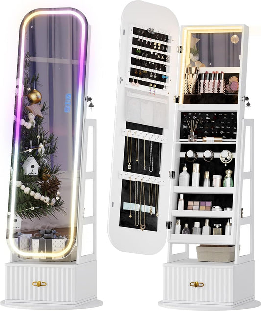 360° Swivel Jewelry Cabinet with Lights - RGB Vanity Mirror | Rotatable Full Length Mirror with Jewelry Storage, Standing Jewelry Armoire Organizer, Foldable Makeup Shelf Ideal Gift (White)