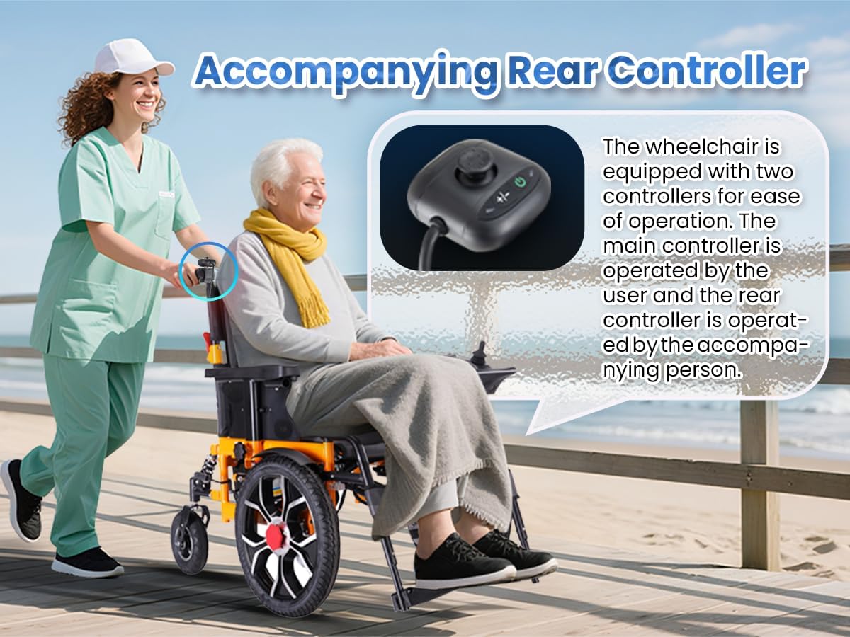 16" Big Front Wheel Electric Wheelchair Foldable All Terrain, Dual Brakes, 20” Seat Width Motorized Wheelchair, Electric Wheelchairs for Adults 330lb, Backpack, Led Light and Rear Control Included