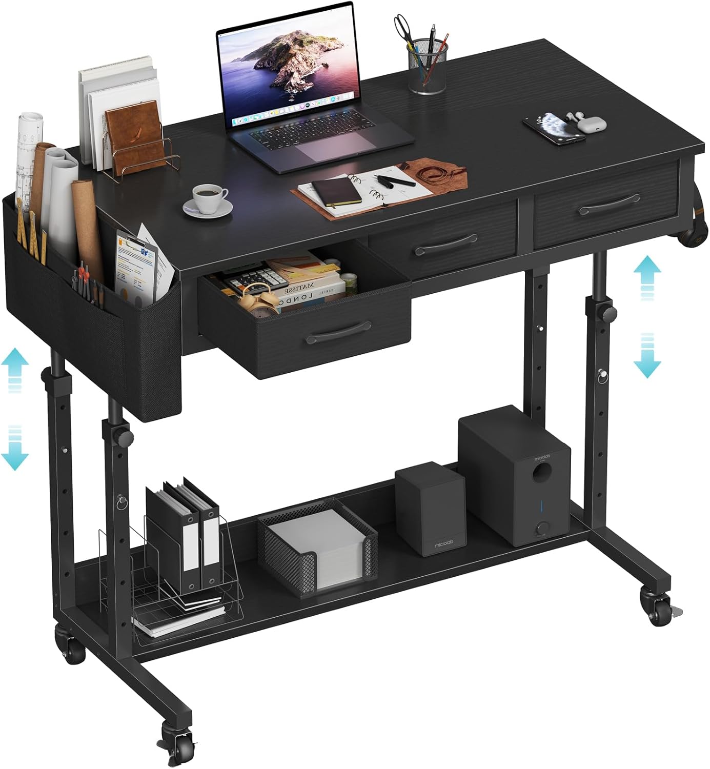White Portable Rolling Computer Desk - 40 Inch Adjustable Mobile Standing Teacher Desks with 3 Fabric Drawers on Wheels, Couch Sofa Side Laptop Stand Up Table with Storage for Home Office, White