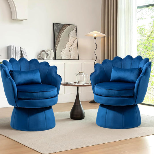 Swivel Barrel Chairs Set of 2, Small Accent Armchair, Navy Blue Velvet Upholstered, Mid-Century Modern Style, for Living Room/Bedroom/Waiting Room, for Relaxing & Reading, Pillow Included