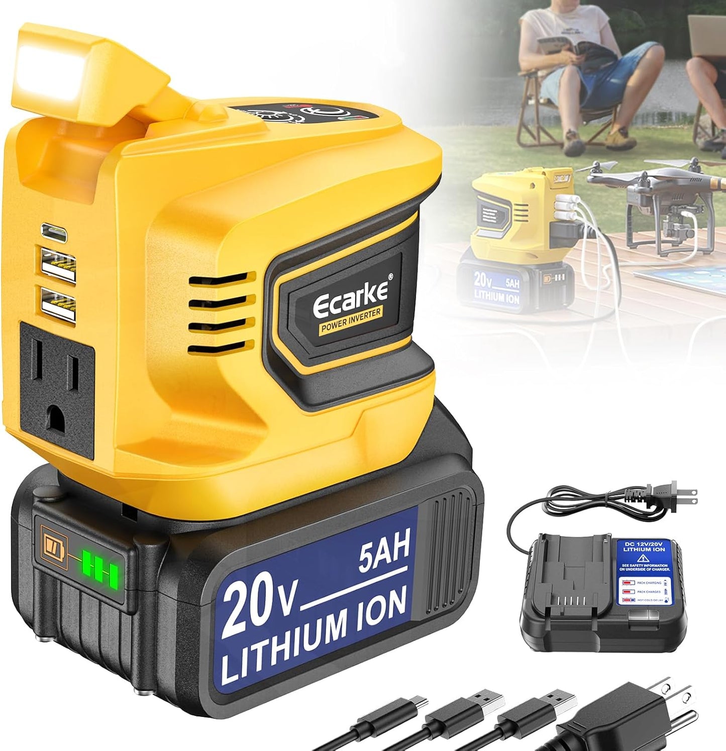200W Portable Power Inverter Compatible with Dewalt 20V,Ecarke Outdoor Generato Battery Converter with 2 USB&amp;LED&amp;AC Battery Powered Outlet (2PC Compatible with DeWalt 20V)