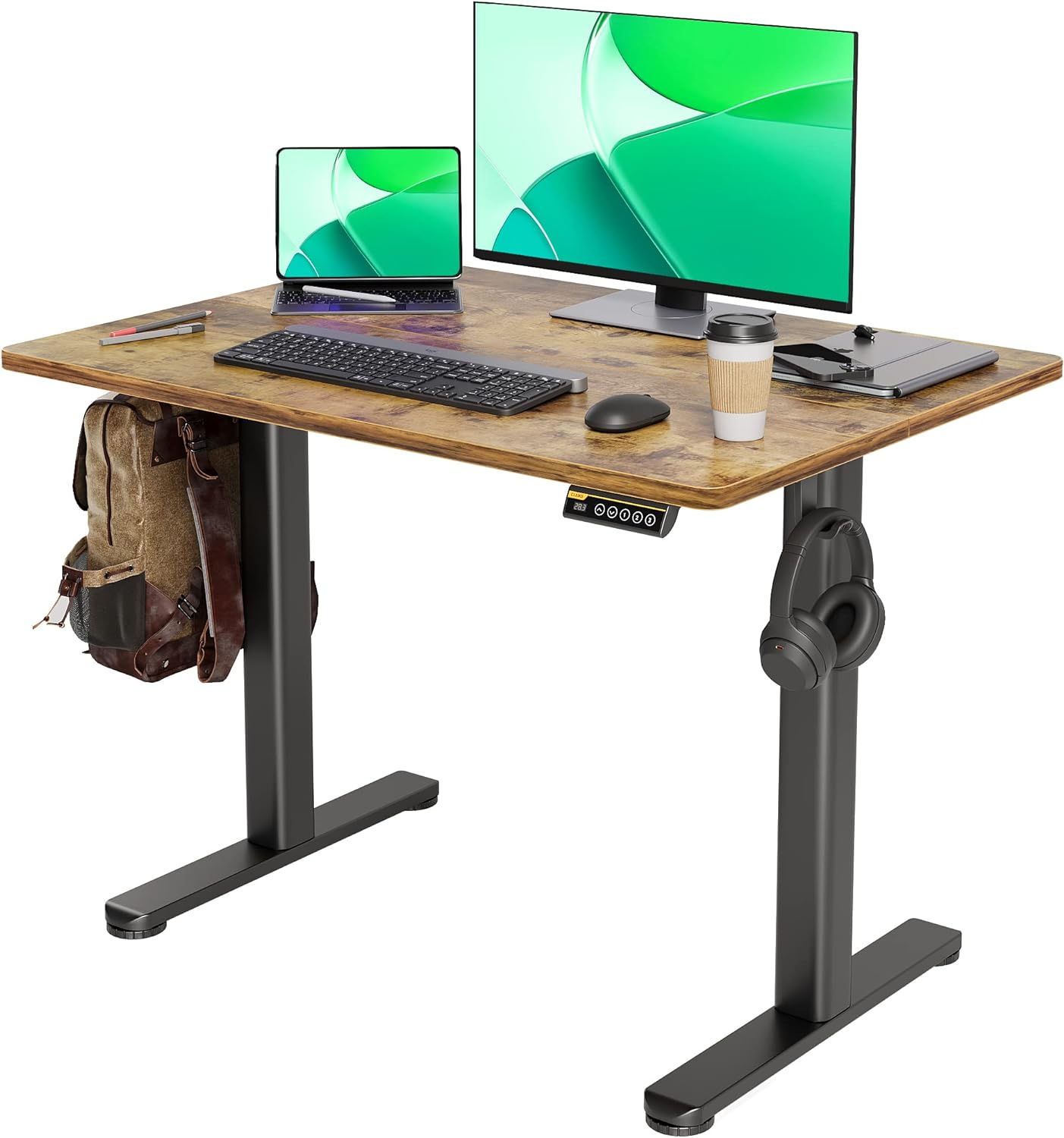 Claiks Electric Standing Desk, Adjustable Height Stand up Desk, 24x48 Inches Sit Stand Home Office Desk with Splice Board, Black Frame/Rustic Brown Top
