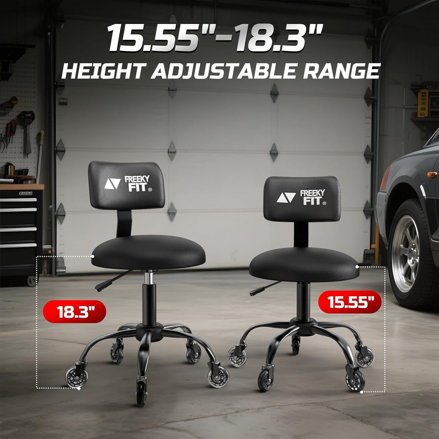 Rolling Shop Stool with Wheels,Mechanic Garage Stool Chair with Adjustable Height 15.55"-18.3",Heavy Duty Swivel Roller Seat for Garage,Salon and Tattoo Beauty, Black