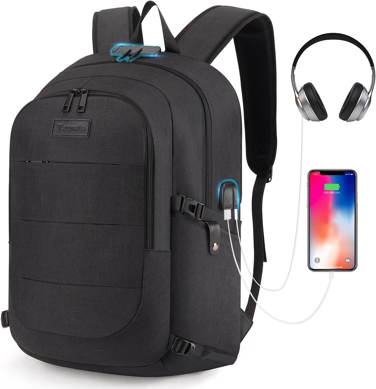 Tzowla Anti-Theft Water Resistant 17.3 Inch Laptop Backpack with USB Charging Port and Lock, Black