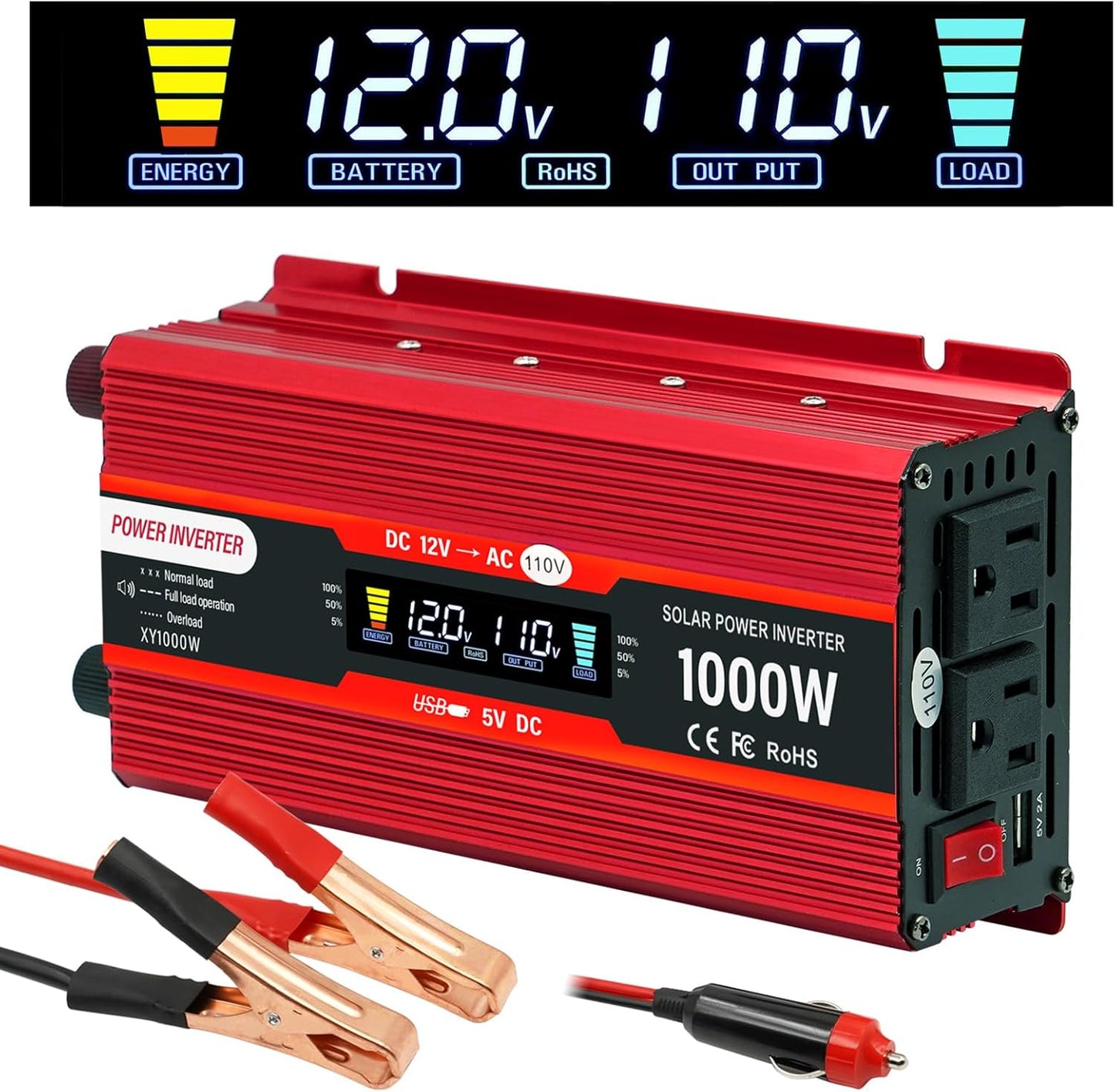 Car Power Inverter 12v to 110v 1000W/2000W(Peak) Power Inverters for Vehicles Truck Home with Dual AC Outlets and 5V USB Charging Port inversor de corriente 12v a 110v (1000W)