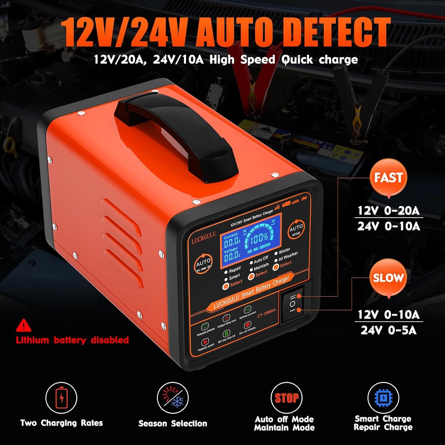 12V/24V Car Battery Chargers Heavy Duty, 0-20A Automatic Battery Maintainer with Auto Shutoffs, Repair, Winter Mode, Smart Trickle Charger for Automotive Car Truck Motorcycle RV AGM Deep Cycle