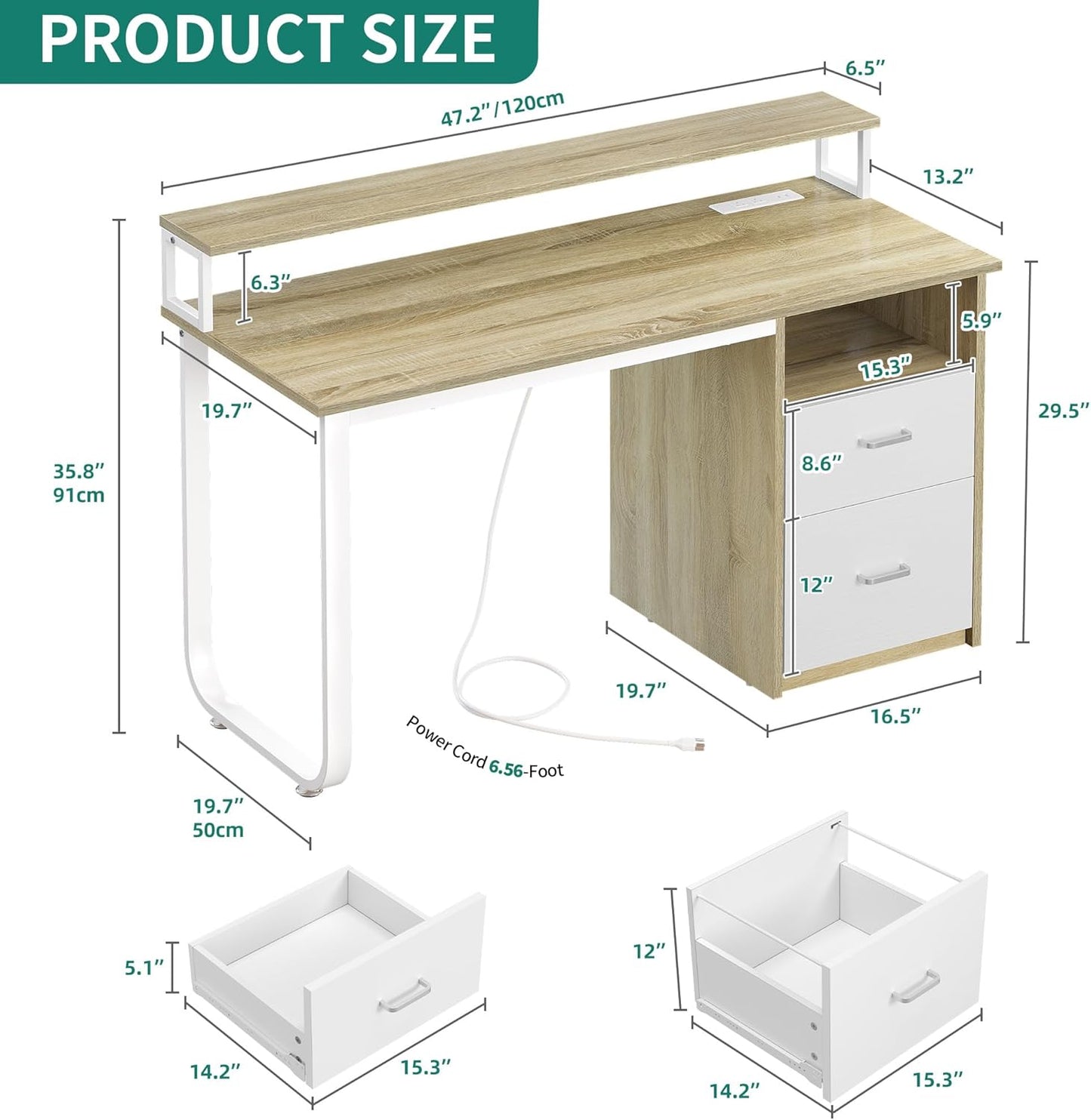 YITAHOME Computer Desk with Drawers, 47.2" Office Desk with Power Outlets & LED Light, Home Office Desk with Storage Shelves, White & Oak