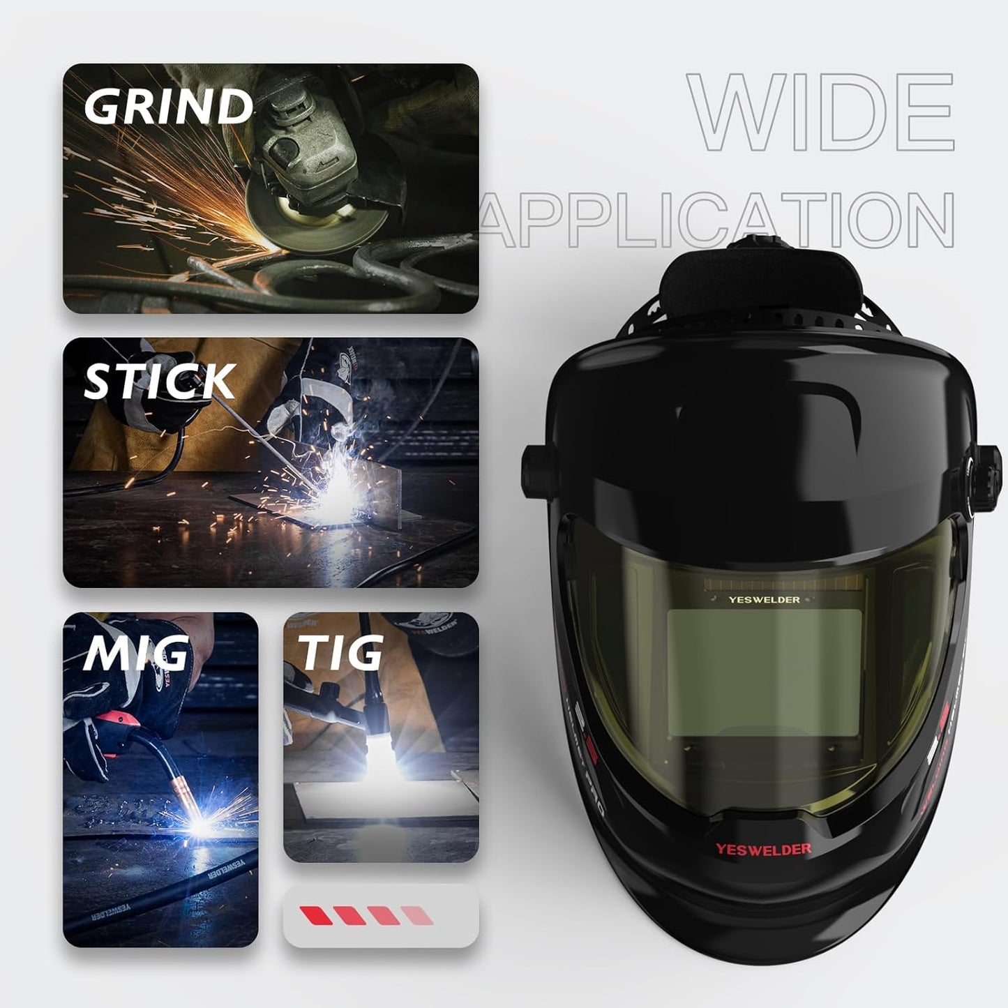 YESWELDER Auto Darkening Welding Helmet with SIDE VIEW, 180° Panoramic View, 1/1/1/1 True Color Solar Powered Welder Hood, Wide Shade 3/5-9/9-13 Welder Mask for TIG MIG ARC CUT and GRIND, LYG-Q800D