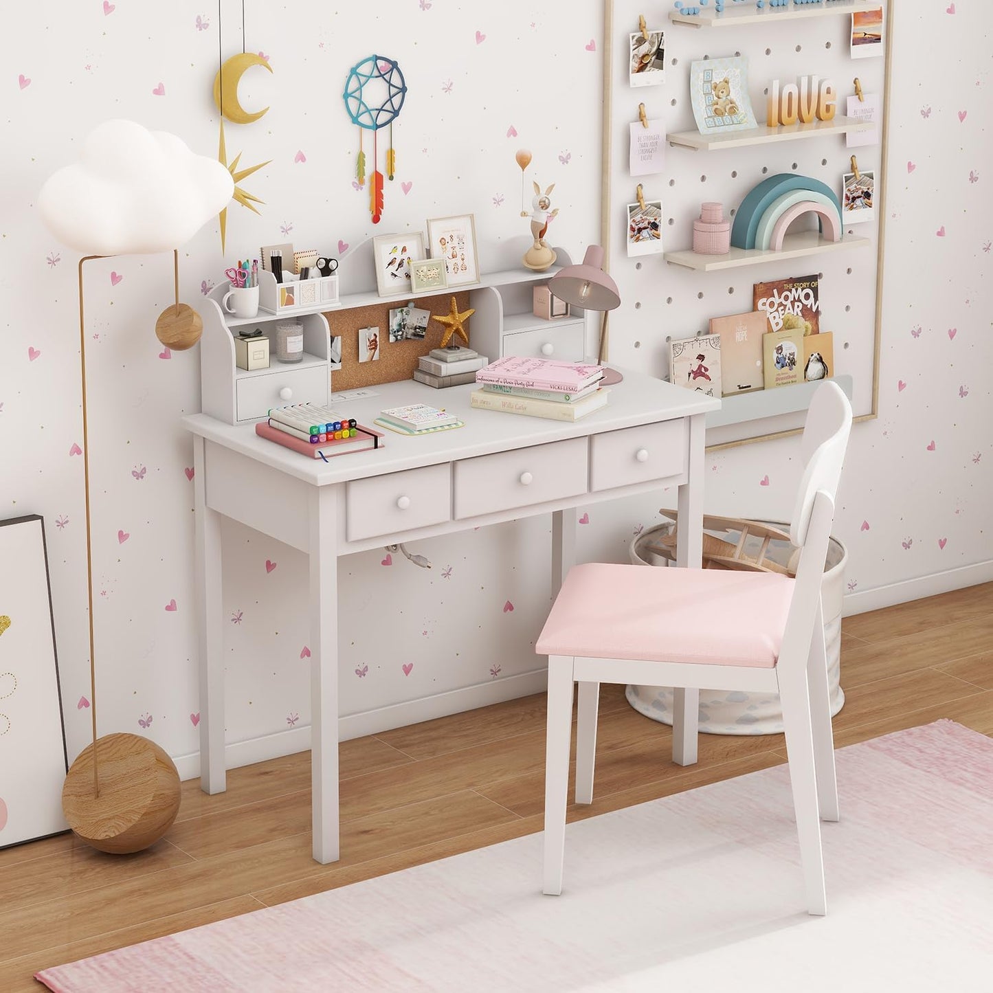 White Writing Desk with Hutch and Drawers, 36 Inch Home Office Desk with Charge Station, Computer Work Station with Storage Shelf
