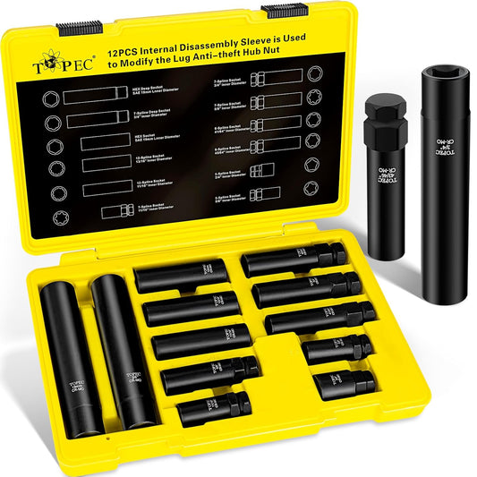 Topec 12PCS Spline Lug Nut Socket Set, Master Lug Nut Key Set of 5, 6, 7, 12 Spline, Wheel Lock Removal Kit for Spike and Hex Lug Nuts, Universal Locking Lug Nut Removal Tool