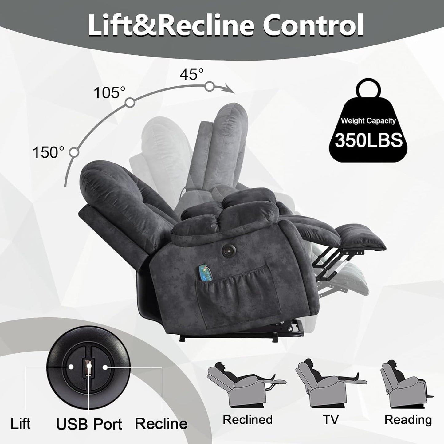CANMOV Large Power Lift Recliner Chair with Massage, Heat, and USB for Elderly, Overstuffed Wide Recliners, Heavy Duty and Safety Motion Reclining Mechanism, Gray