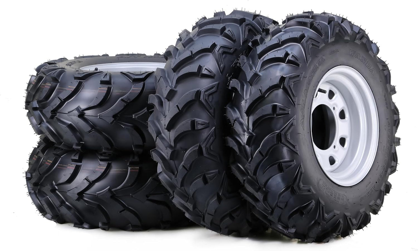 WANDA 25x8-12 Solid Mud ATV Tires and Wheels Assembly with 4-110 PCD 5+2 Silver Rims, SET 2