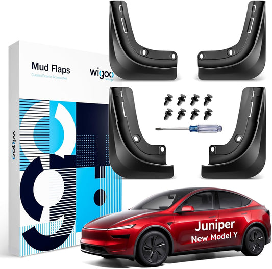 Wigoo 2025 New Tesla Model Y Juniper Accessories Mud Flaps [Stay Clean, Protect Paint] All Weather Guards, No Drilling Required, for Tesla New Model Y 2025 2026 Launch, Thicker Version (Set of 4)