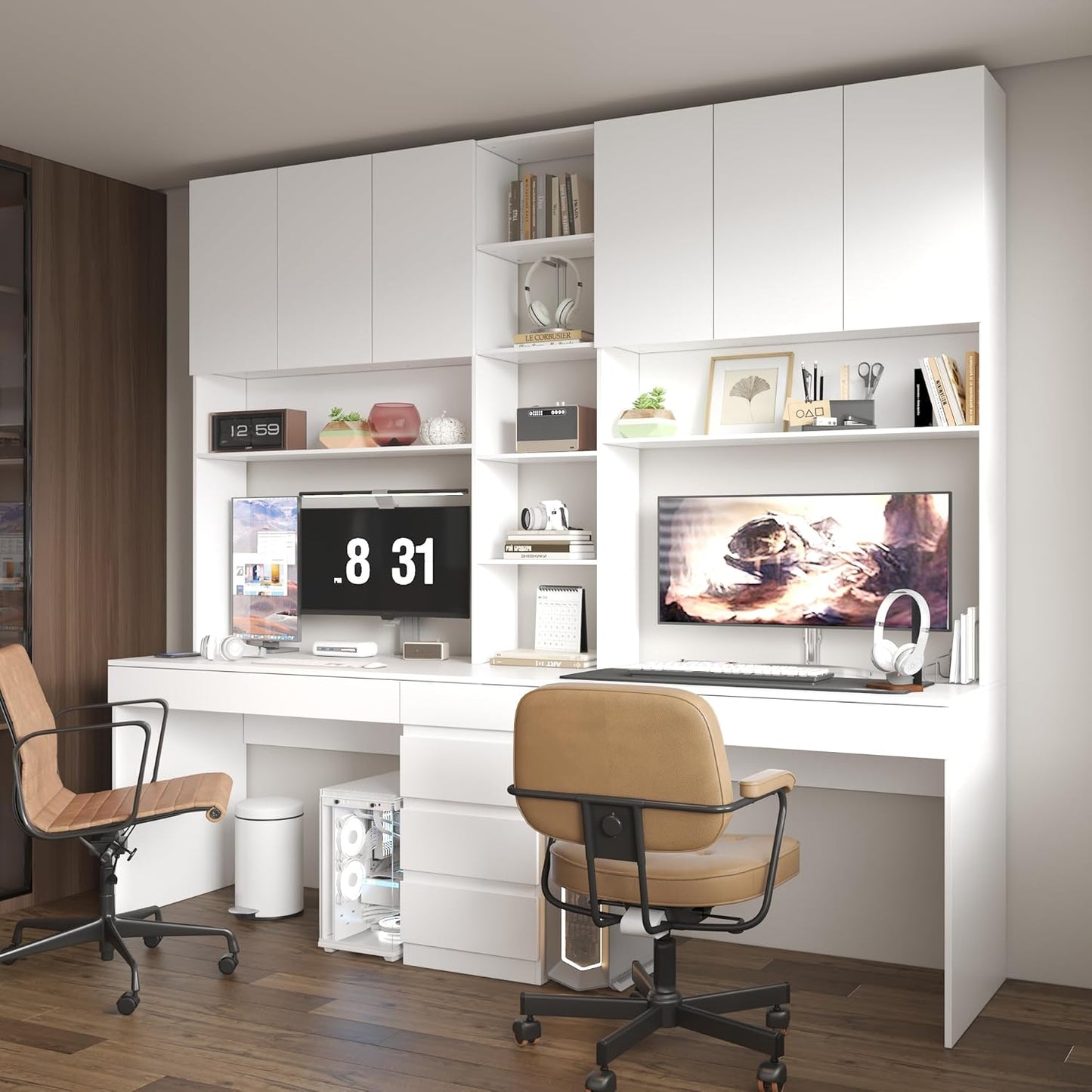 WOODTIME Large Two Person Computer Desk with Bookshelf, Study Writing Gaming Table Workstation with 6 Drawers & 15 Shelves for Home Office, White