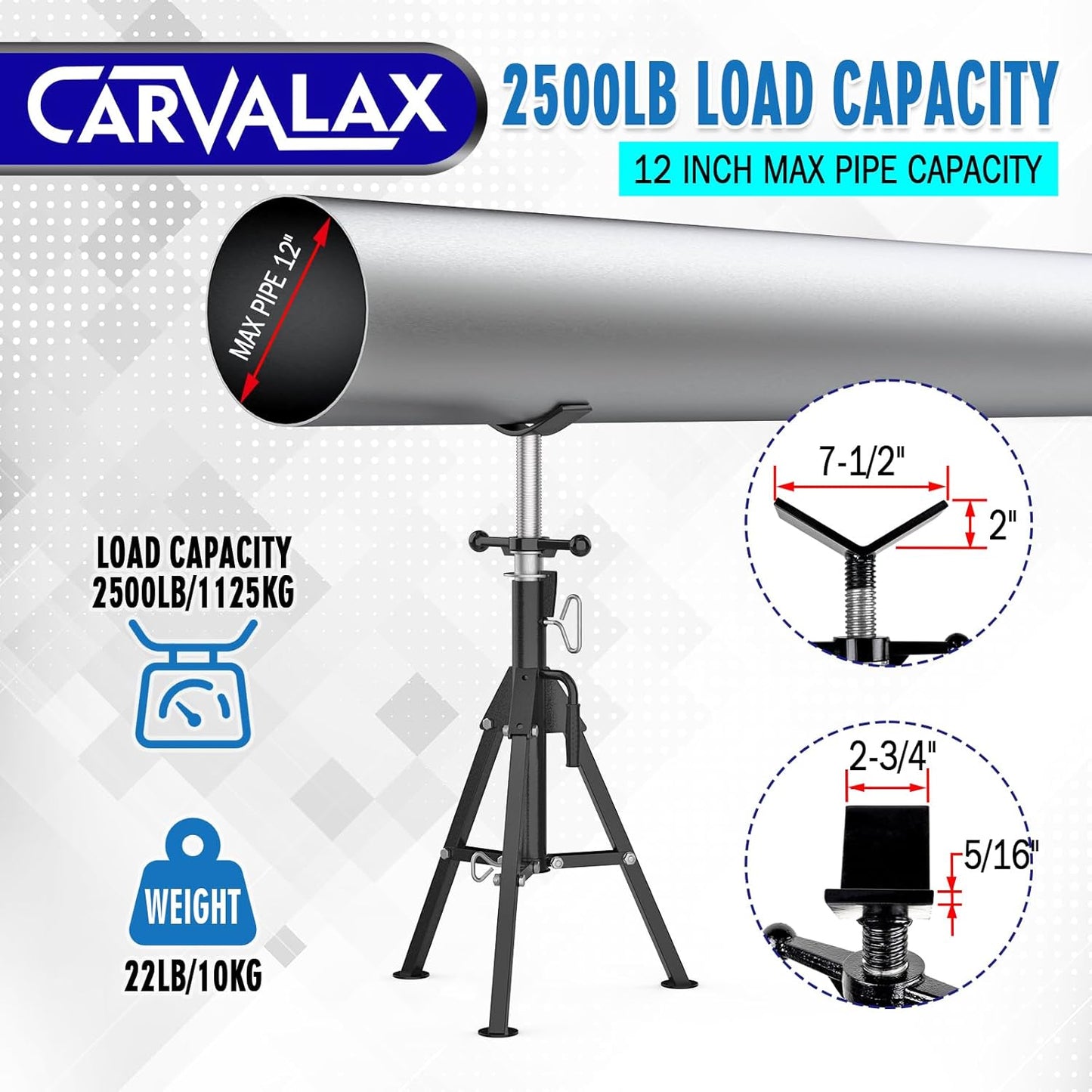 V-Head Pipe Jack Stands, 28"-52" Adjustable Pipe Stand Fits 1/2" - 12" Pipe Capacity w/ 2500LB Load Capacity, Steel Pipe Stand for Welding w/Portable Folding Legs
