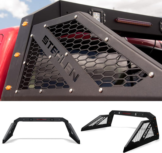 642167842477 Universal Adjustable Truck Bed Chase Rack Roll Bar with 3rd Third Brake Light & 2X LED Work Lamps Bars & 6X Amber Side Marker - Matte Black