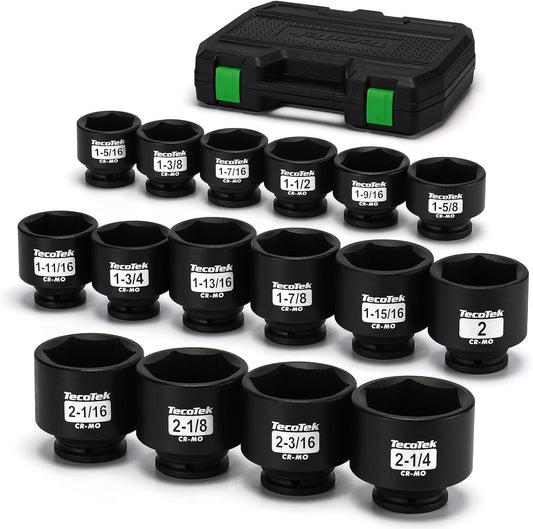 1/2" Drive Shallow 6-Point Impact Socket Set, 16-Piece SAE Spindle Axle Nut Impact Socket Set, Cr-Mo, 1-5/16-Inch to 2-1/4-Inch Size