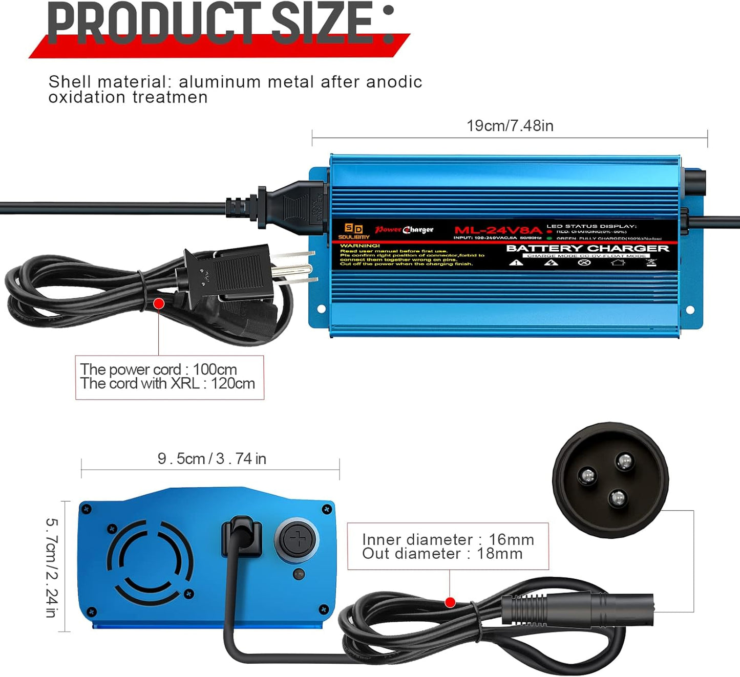 24V 8Amp Battery Charger, Automatic Smart Lead-Acid Battery Trickle Charger Maintainer with XLR Connector for Wheelchair, Sealed AGM Battery,Car Boat,Lawn Mower