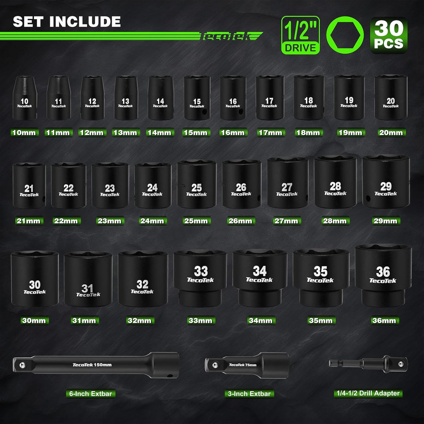 30 Pieces 1/2-Inch Drive Shallow Metric Impact Socket Set, Cr-Mo, 10mm to 36mm, No Skipped Sizes, 6 Point, Includes Extension Bars, Drill Socket Adapter 1/2"