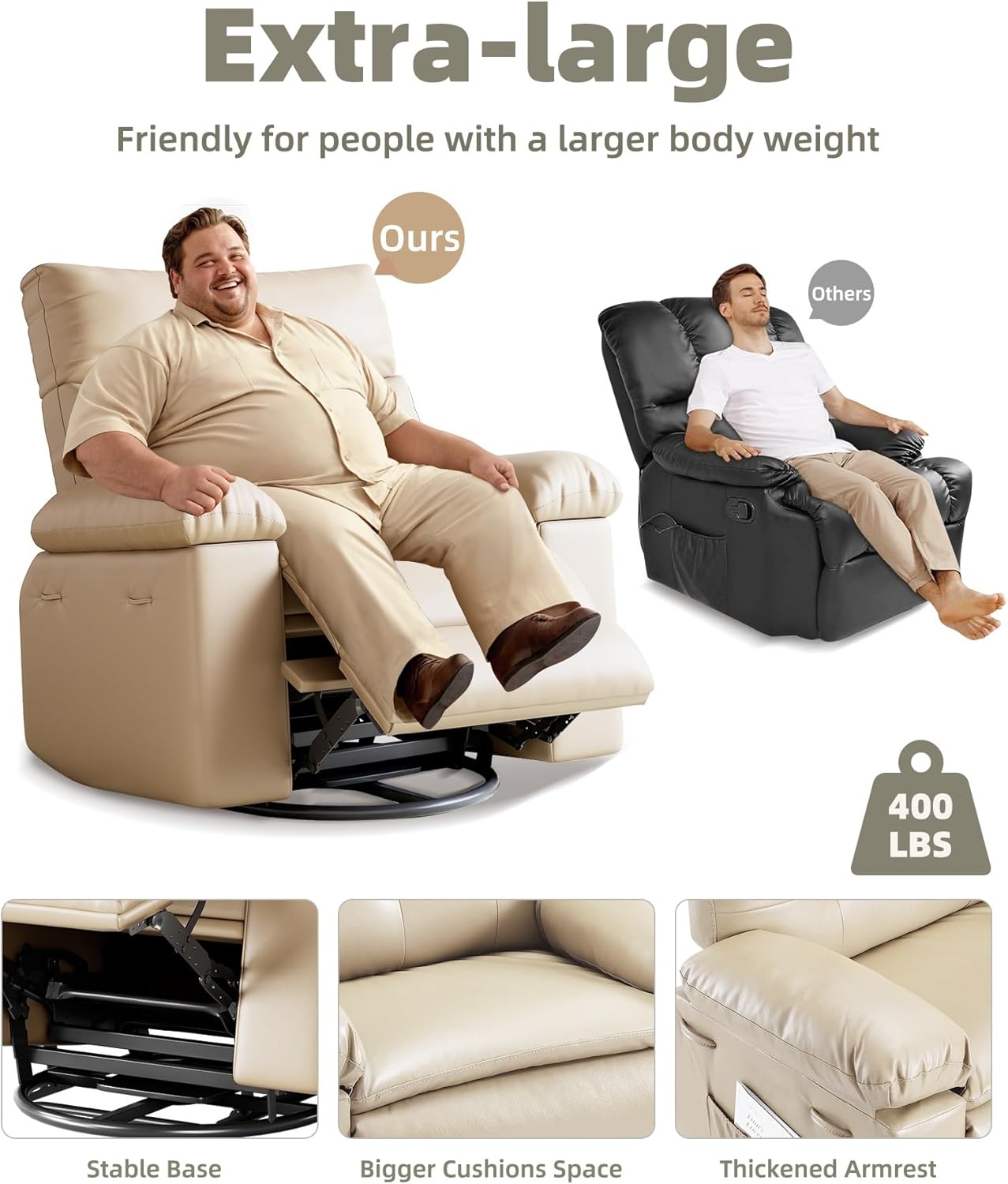 27" Oversized Recliner Chairs with Heat and Massage - 360° Swivel Lazy Recliner Chair for Adults- Manual Rocking Chair with Remote Control for Living Rooms, Bedrooms and Nurseries - Creamy