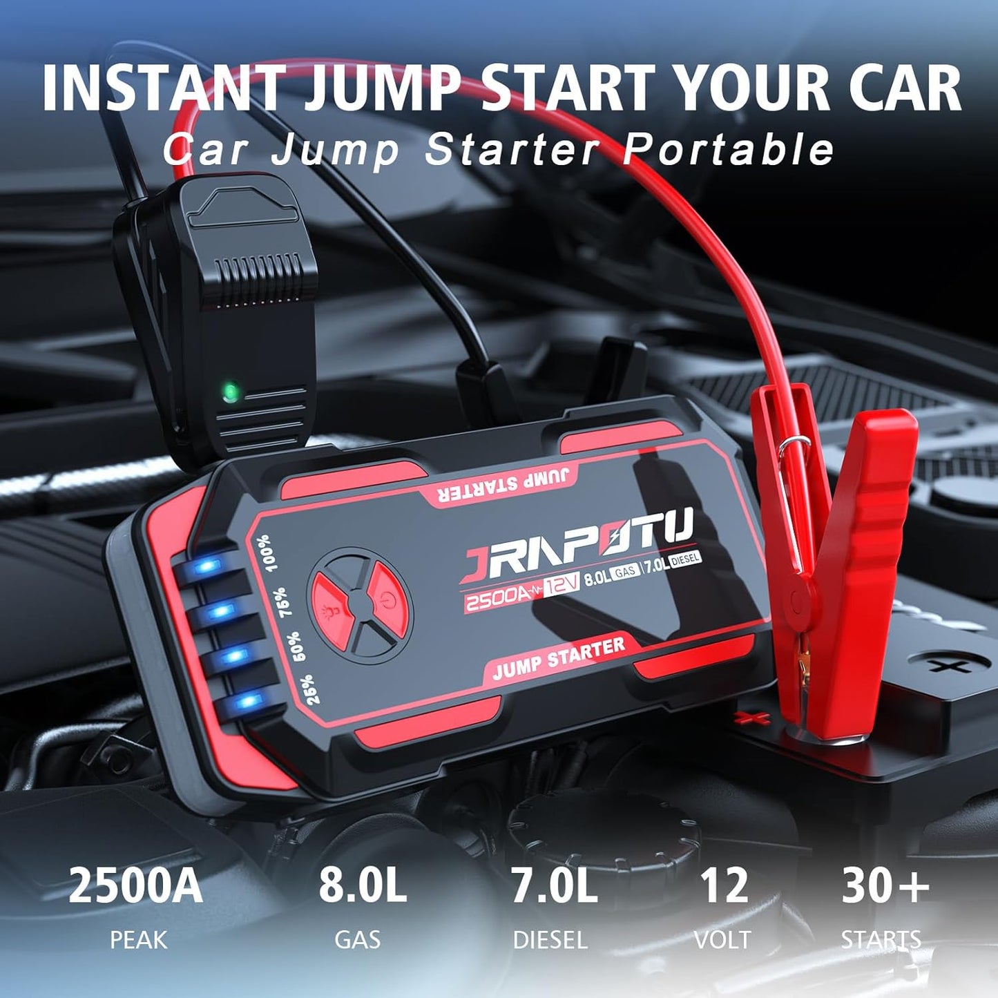 Car Jump Starter, 2500A Peak Jump Box,Battery Jumper Starter Portable,12V Car Starter Jump Box for 8.0L Gas and 7.0L Diesel Cars with USB Ports，LED Flashlight