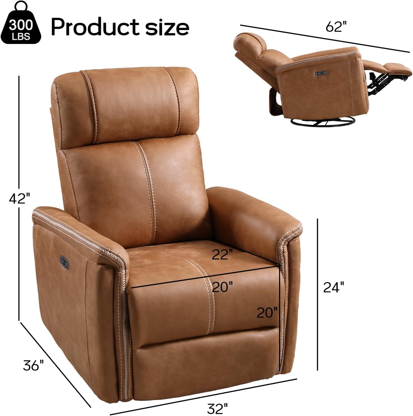 CANMOV Faux Leather Power Swivel Rocker Recliner,Glider Recliner for Nursery,Electric Swivel Rocker with USB Port,Upholstered Nursery Glider Reclining Sofa for Living Room,Brown