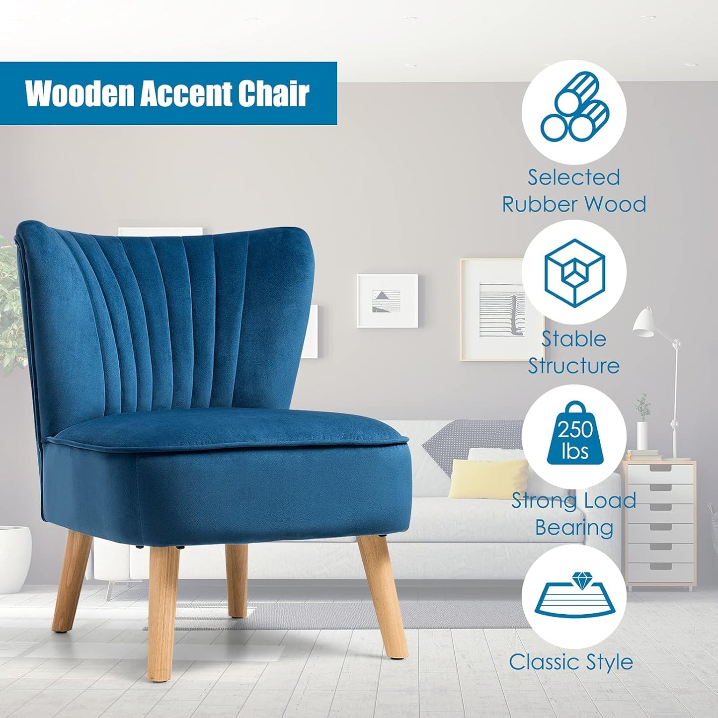 S AFSTAR Armless Accent Chair, Velvet Modern Chair with Rubber Wood Legs and Thick Sponge Seat, Upholstered Leisure Wingback Sofa Chair for Living Room for Bedroom Living Room (2, Blue)