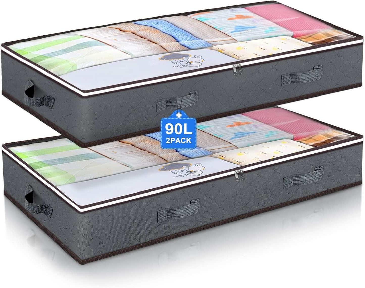 Budding Joy 90L Under Bed Storage Containers, Closet Organizers and Storage Bins, Foldable Underbed Storage Bags for Blanket, Clothing, Comforter, Sweaters, Pillows, Linen Sheets, Wrapping Paper, Grey