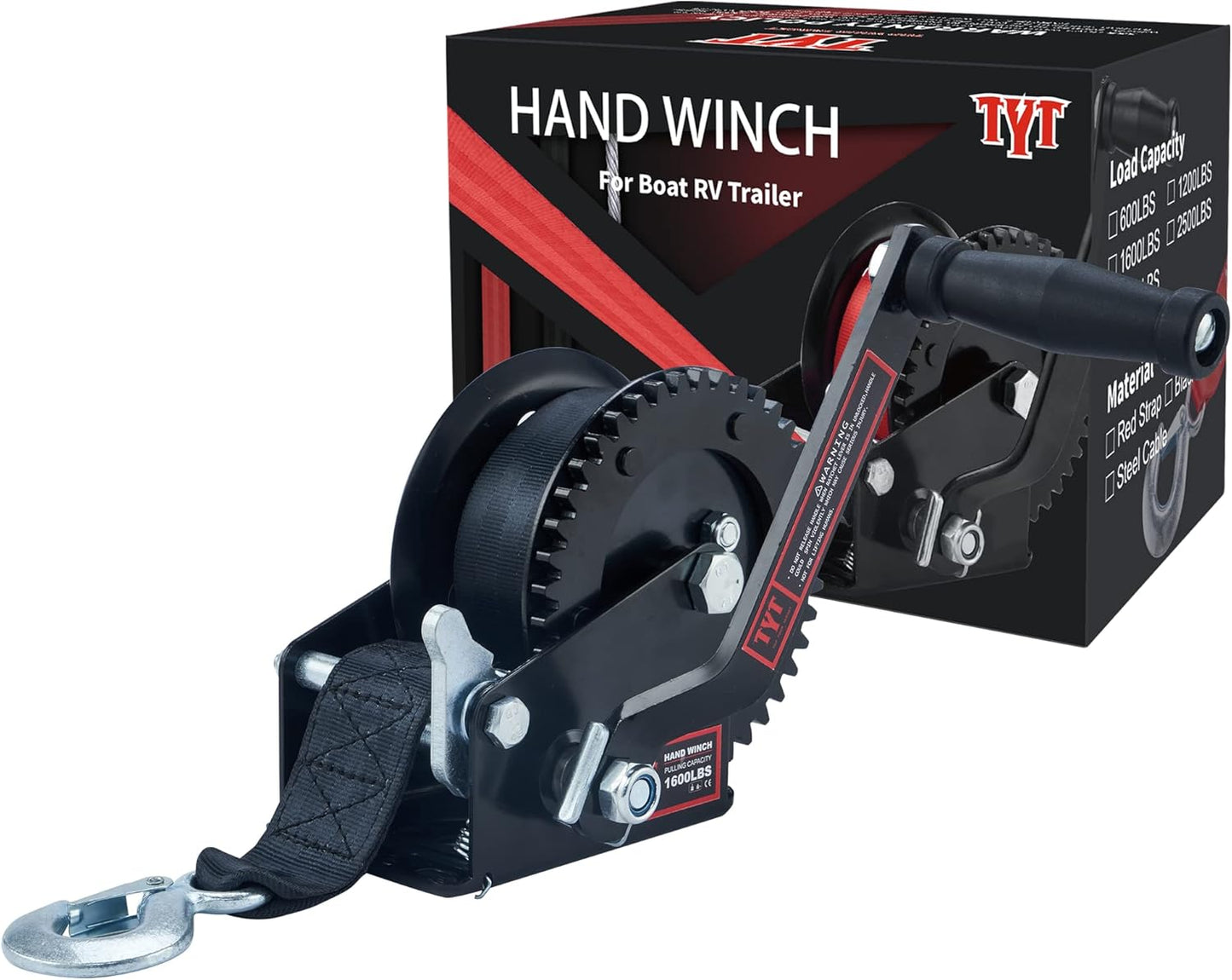 TYT 3500LB Boat Trailer Strap Winch with 10M Red Strap, Sturdy Long-Lasting Gear Hand Crank Winch, Operated Two Way Ratchet Manual Winches for Towing Pulley Boat Trailer Truck RV Jet Ski Marine Winch