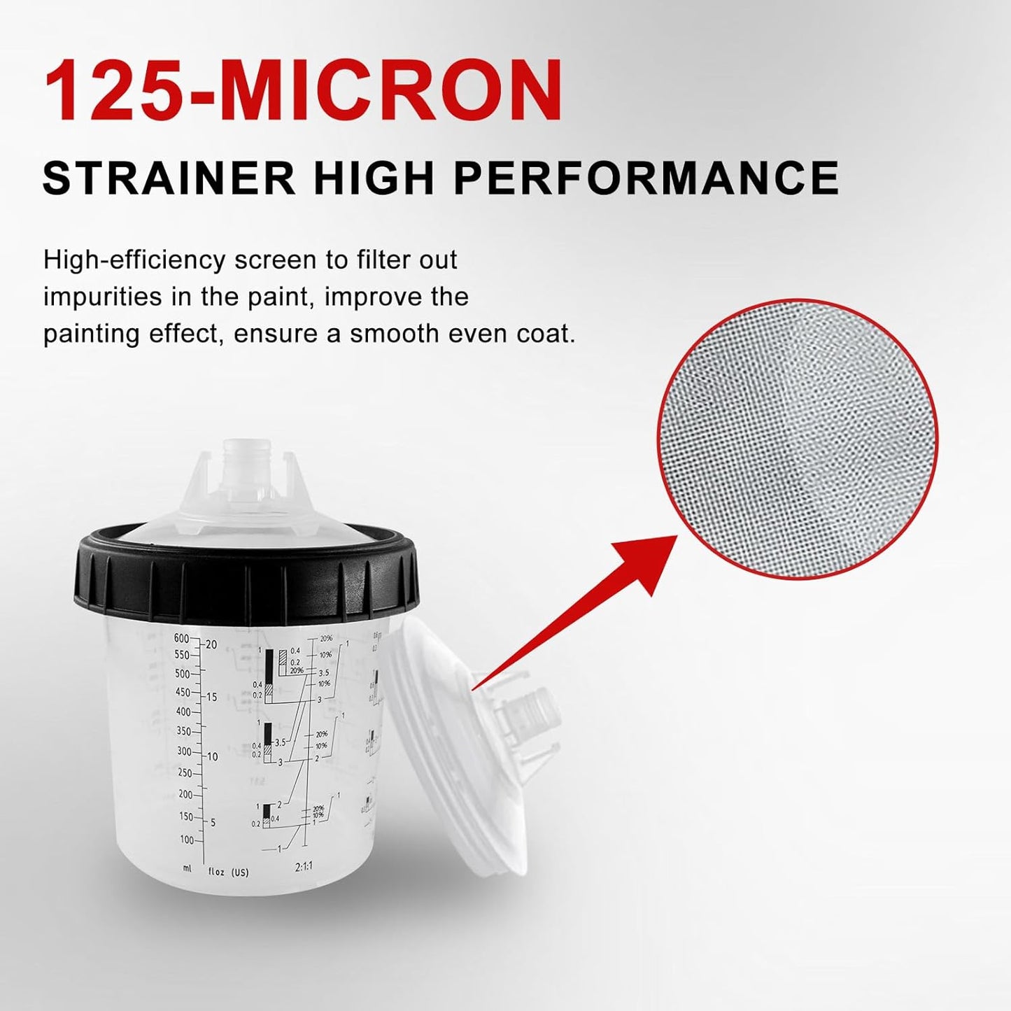 RRJ Disposable Paint Cup Spray Gun Cup, Paint System for LVLP and HVLP Spray Gun Kit 600 ML Mixing Cup with 50 Cups Liners and Lids, 1 Hard Cup with Retainer Ring, 2 Cup Adapter, Stirrer
