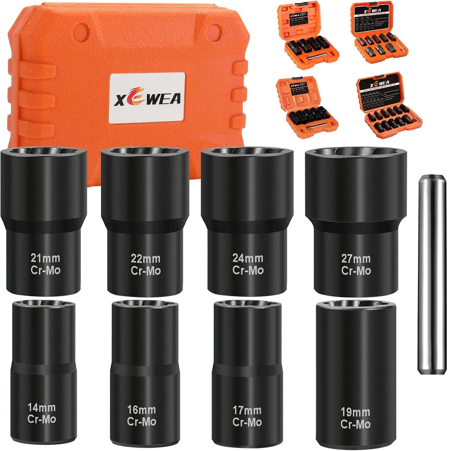XEWEA 15PCS 1/2" Drive Lug Nut Removal Tools, Striped Wheel Lock Removal Kit Easy Out Twist Socket Extractor Set for Damaged, Frozen, Rusted, Rounded-Off Bolts Nuts & Screws