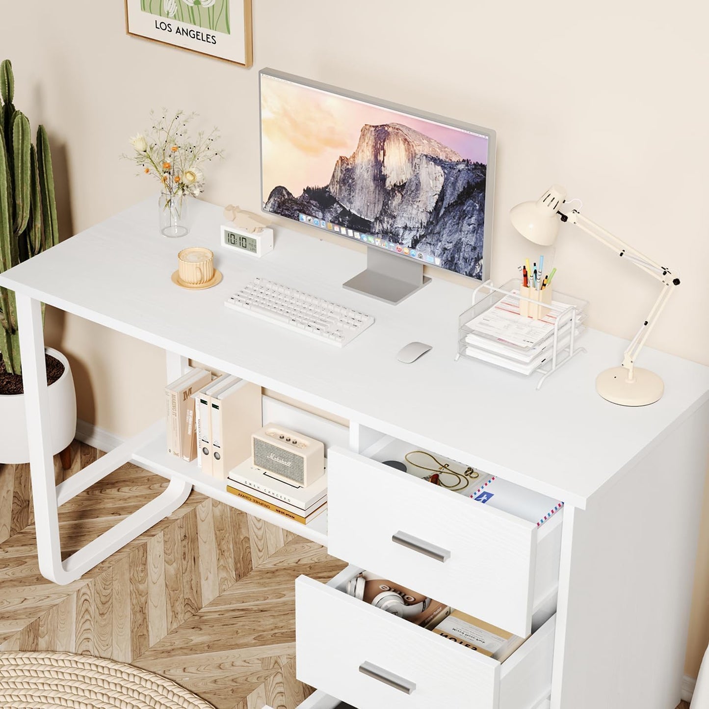 White Desk with 3 Drawers, 47 Inch Computer Desk with Drawers for Bedroom, Small Home Office Desk with File Cabinet, Bottom Shelves for Small Spaces