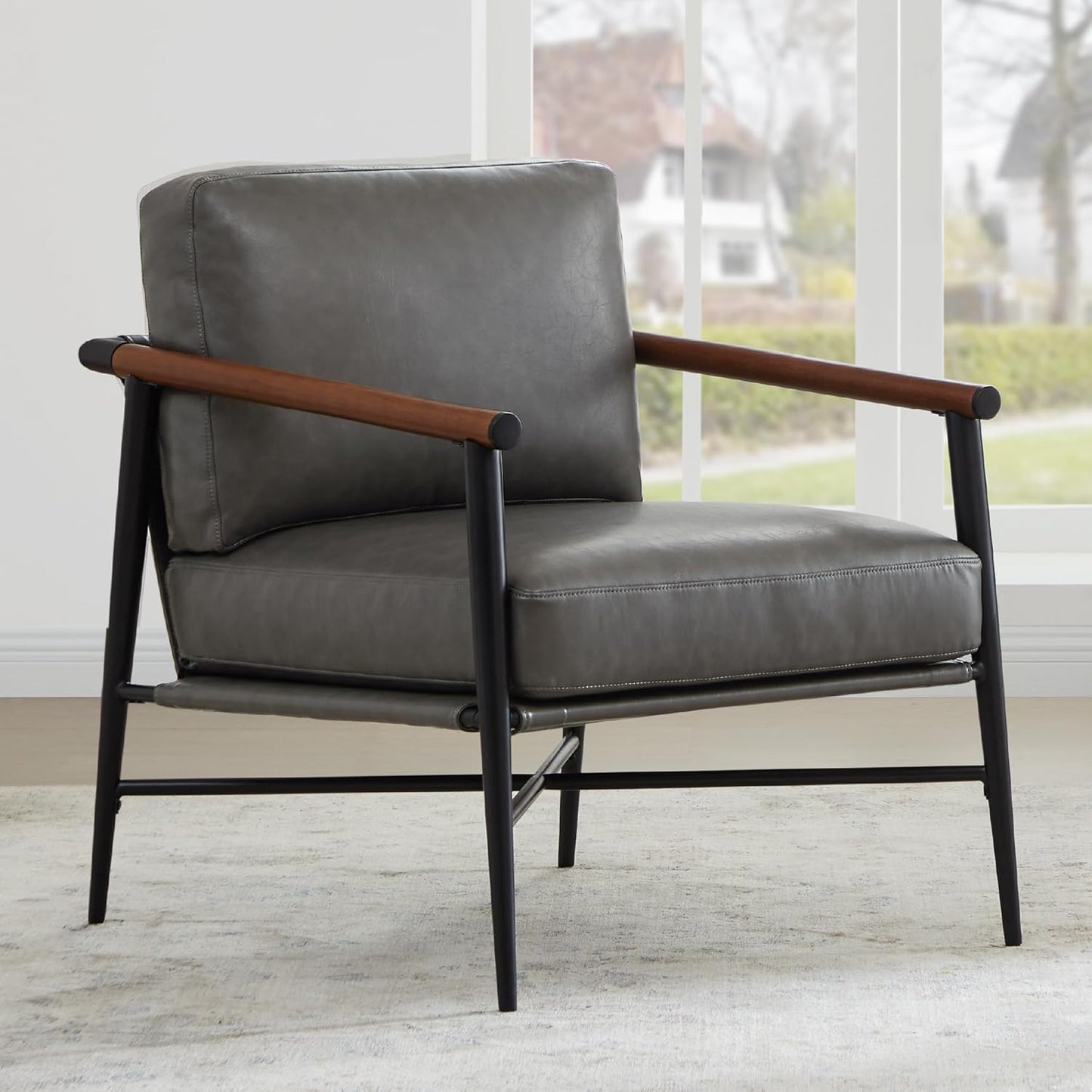 Watson & Whitely Mid Century Modern Accent Chair Set of 2, Faux Leather Armchair Comfy Upholstered Lounge Reading Chair for Living Room Bedroom Cafe Waiting Room, Dark Grey