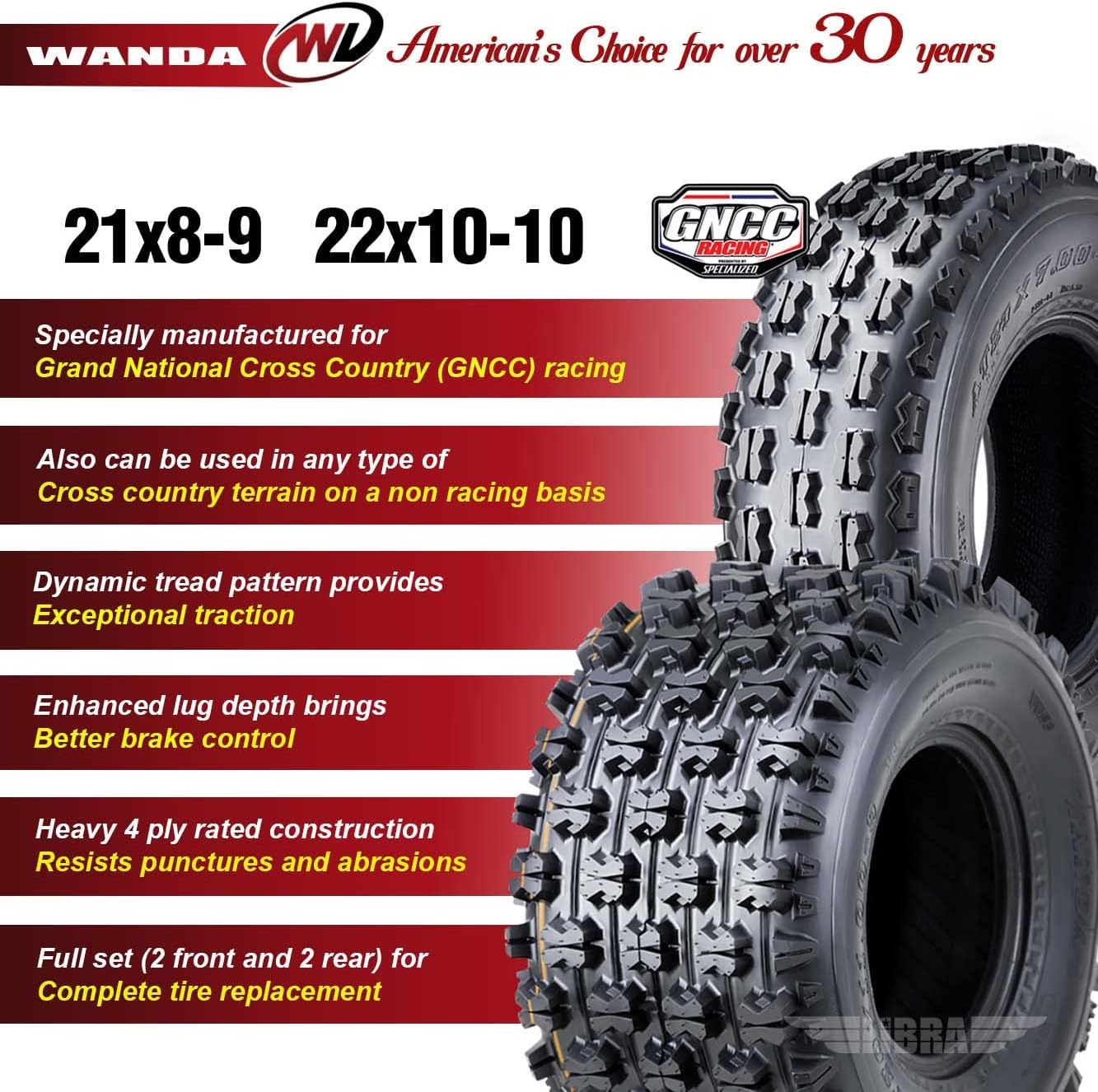 WANDA Set of 4 Sport ATV Tires 21x8-9 Front & 22x10-10 Rear /4PR GNCC Race Tires