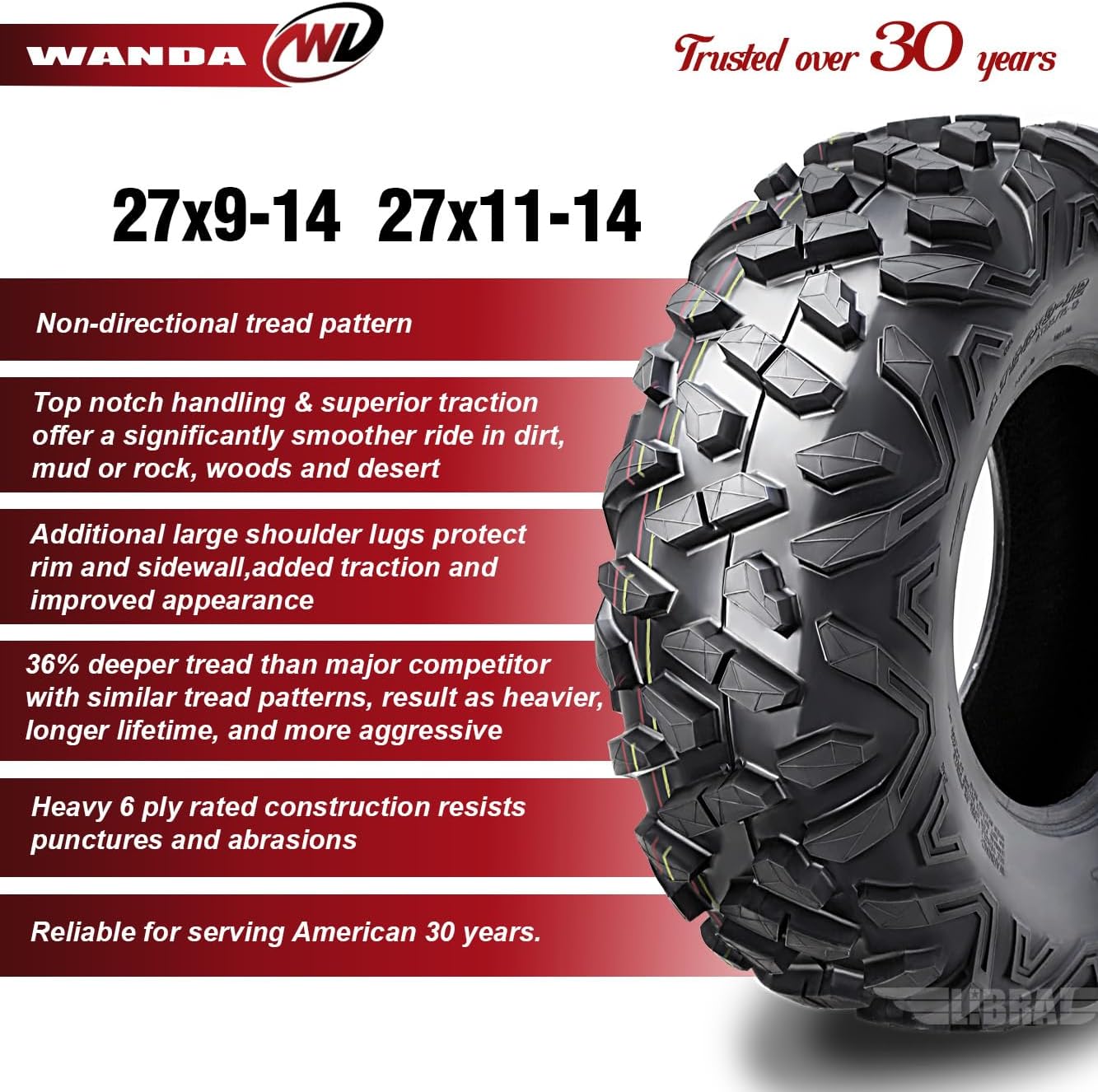 WANDA Full Set ATV Tires 27x9-14 & 27x11-14 for 2014 John Deere GATOR XUV825I 4x4 SE
