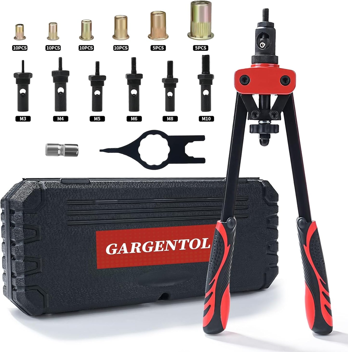 Rivet Nut Tool Kit, 16-Inch Rivnut Tool with 15 Metric & SAE Mandrels and Rivet Nut Gun, 200pcs Rivnut Tool Kit Assortment, Nutsert Tool Kit with Carrying Case