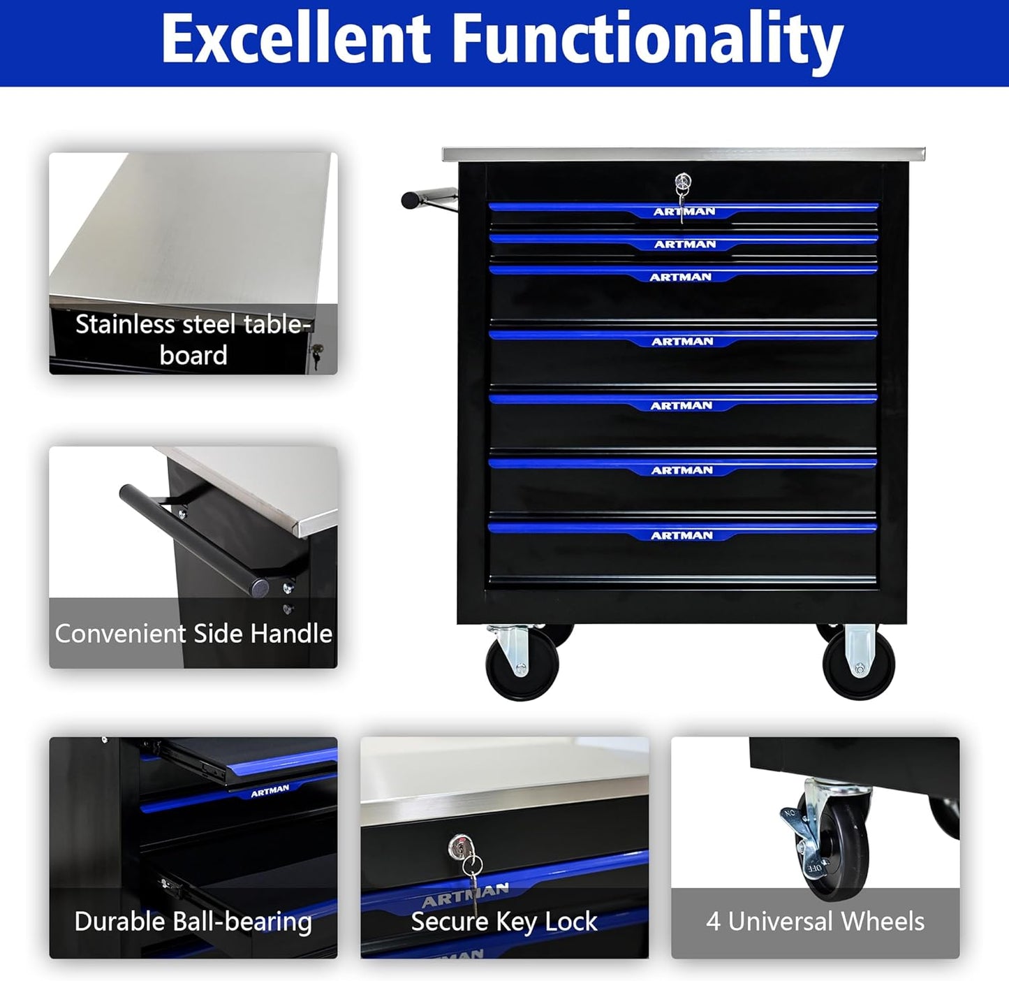 7-Drawer Heavy-Duty Rolling Steel Tool Cart with Handle&Wheels, Metal Storage Organizer Cabinet, Tool Chest for Efficient Tool Storage in Garage, Warehouse, Workshop, Repair Shop, Blue