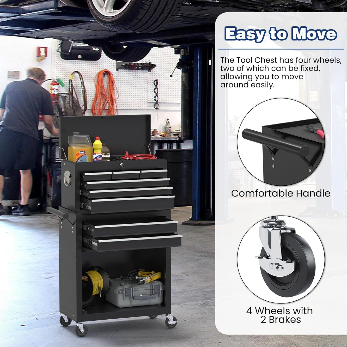 Rolling Tool Box with Wheels, 8-Drawer High Capacity Tool Chest with Wheels, Removable Storage Toolbox with Lock for Garage, Workshop