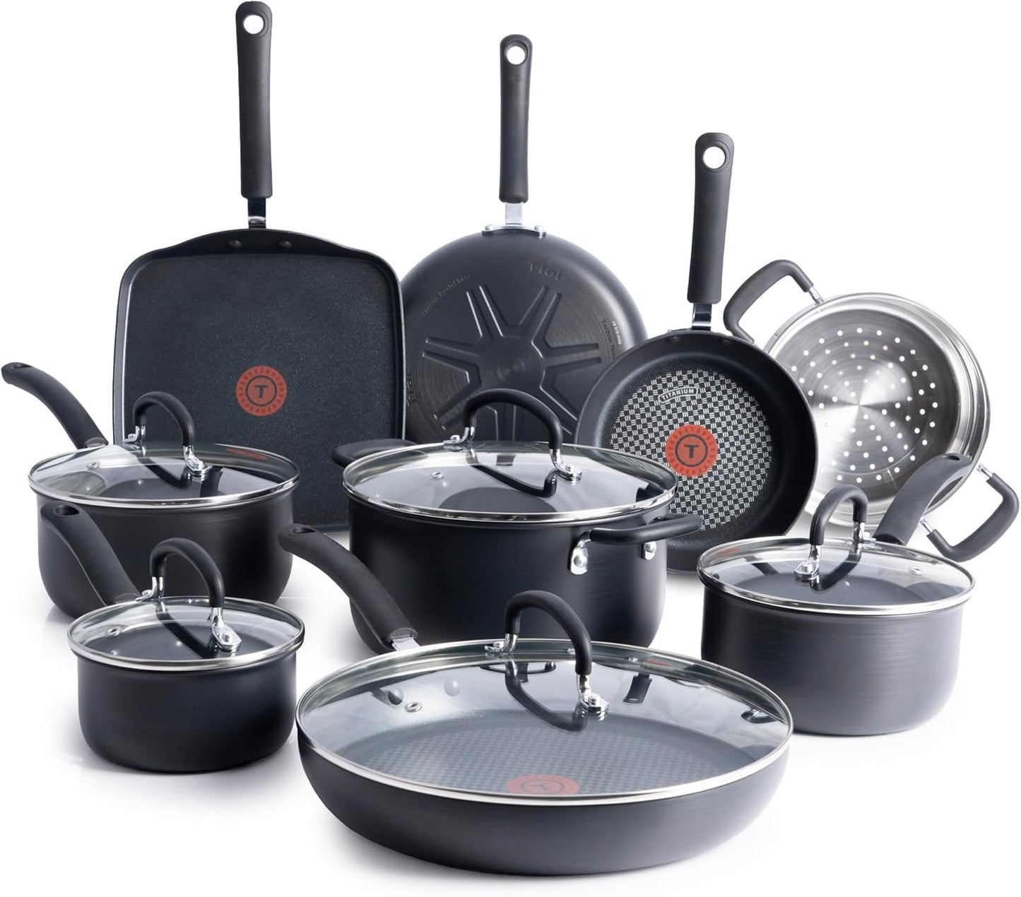 T-Fal Ultimate Hard Anodized Nonstick Cookware Set 17 Piece, Nonstick Pots and Pans Set with Fry Pan, Saucepans, Saute-Pan, Griddle, Dishwasher Safe, Black