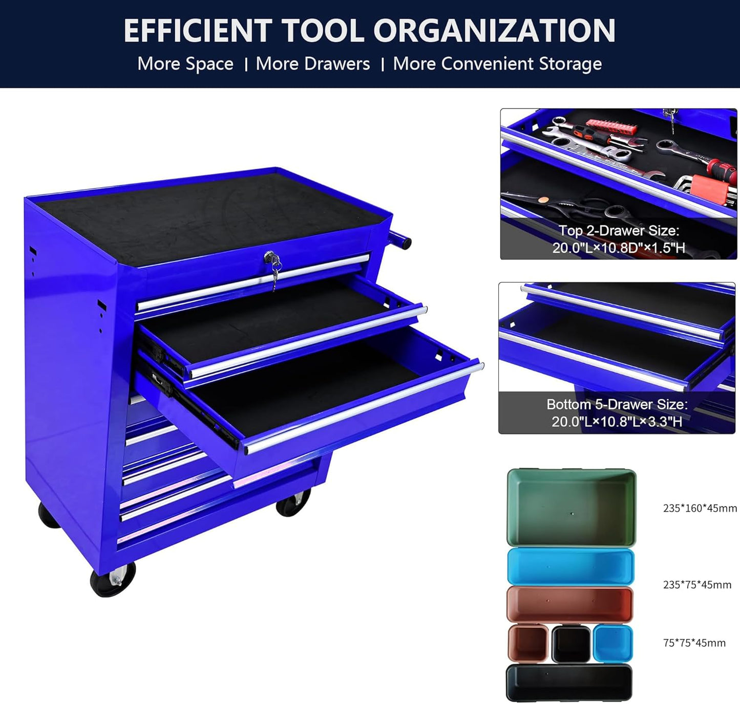 7 Drawer Tool Chest with Wheels,Metal Locking Rolling Tool Box with Tool Organizer Trays for Tool Storage Organizer,Portable Standing Mechanic Toolbox for Garage,30 in Tall Tool Cabinet Blue