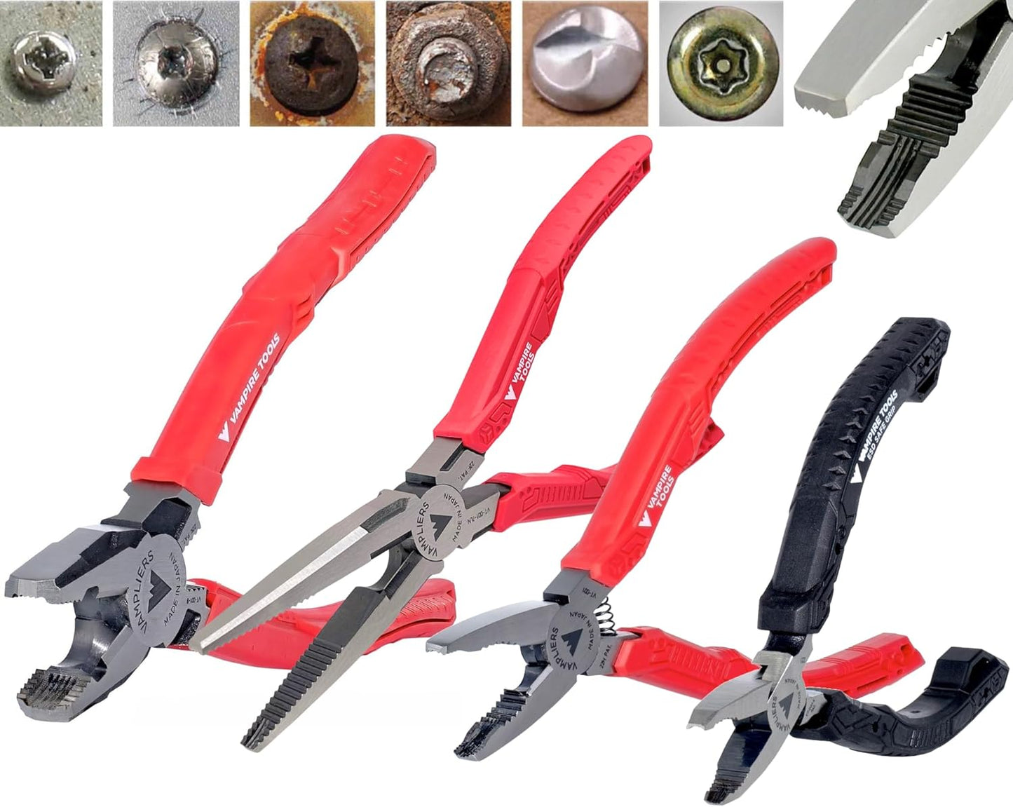 VAMPLIERS 4-PC Screw Extractor Pliers Set Made in Japan: 8" Linesman, 7.5" Long Nose, 6.25" Combination, 5" ESD Safe Mini Plier + Tool Pouch. Remove any Stripped/Damaged/Rusted Screws.