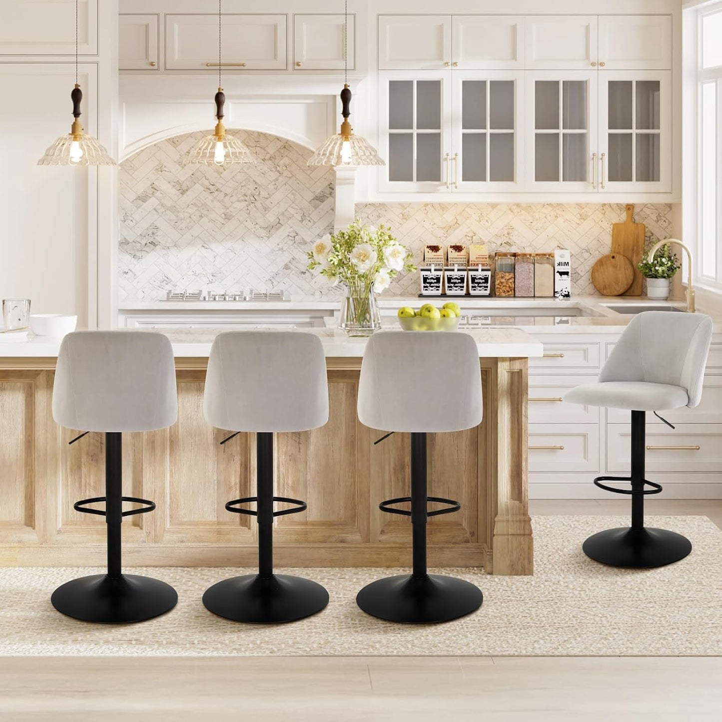COLAMY Bar Stools Set of 3, Modern Swivel Bar Chairs, Adjustable Upholstered Barstools Counter Height with Full Backrest for Bar, Dining Room, Kitchen Island, Beige