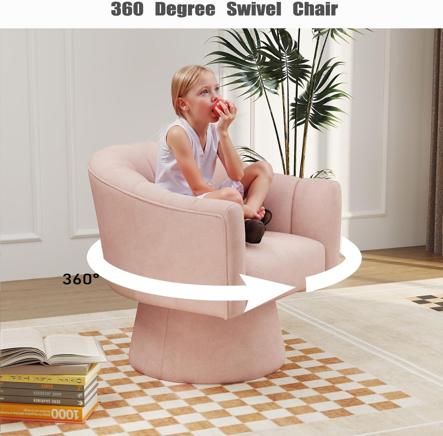 Swivel Accent Chair,Upholstered Velvet 360° Swivel Barrel Chair for Living Room Overstuffed Bouncle Reading Chair Round Armchair for Bedroom,Vanity,Office(Pink)
