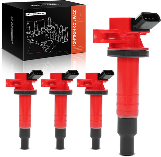A-Premium (Red) Engine Ignition Coil Pack Compatible with Toyota Corolla 1999-2008, Matrix 2003-2008, Celica 2000-2005, MR2 Spyder 2000-2005 & Chevrolet Prizm 1999-2002 & Pontiac Vibe, 4-PC Set