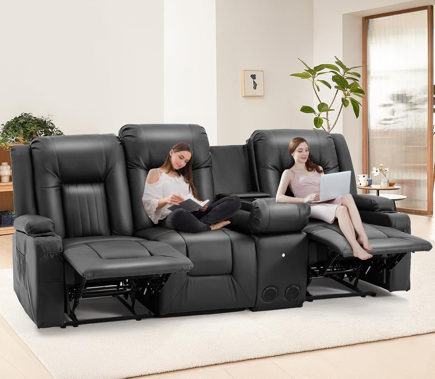 YODOLLA Massage Manual Recliner Chair with Heat, Leather Rocking Swivel Chair Lazy Boy Recliner Chair w/ 2 Side Pockages, 2 Cup Holders for Living Room, RV, Cream White