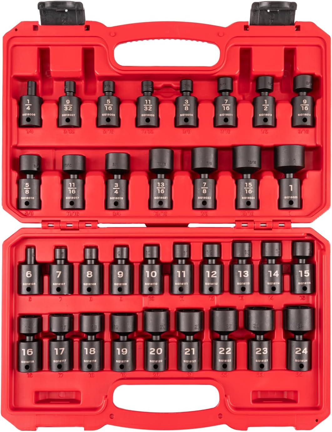 TEKTON 3/8 Inch Drive 6-Point Universal Joint Impact Socket Set with Case, 34-Piece (1/4-1 in., 6-24 mm) | SID97303
