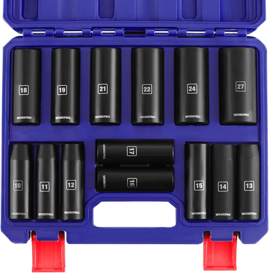 WORKPRO 14-Piece 1/2＂ Drive Deep Impact Socket Set, 6-Point Impact Deep Socket Set with Heavy Duty Storage Case for Automotive and Mechanical Repairs, 10mm-27mm, Cr-V Steel, Metric
